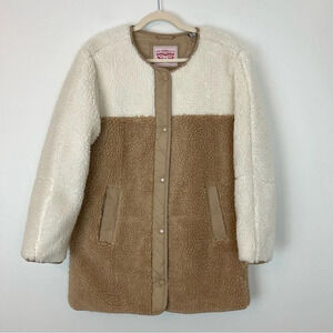 Levi’s Colorblock Quilted Teddy Fleece Longline Jacket Medium Cozy Contemporary